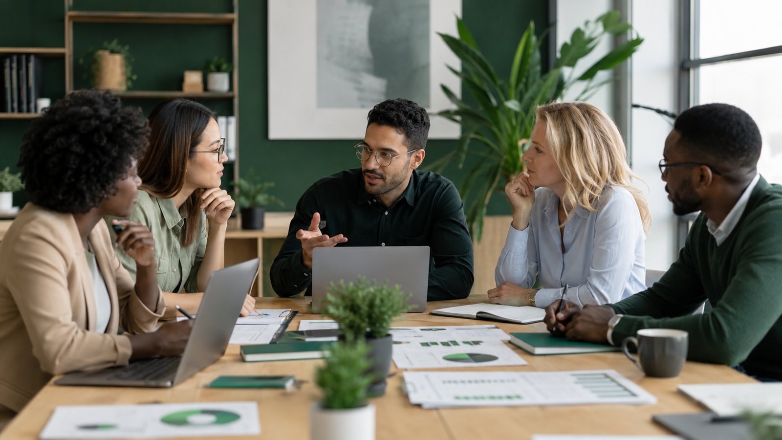 A diverse professional team working together in an organised modern office
