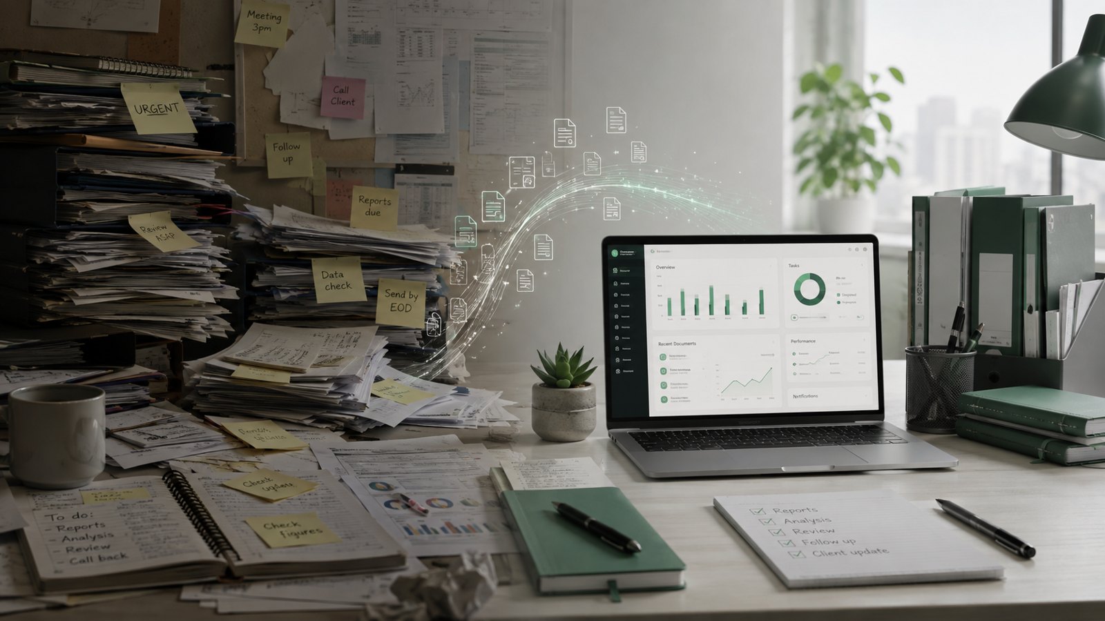 A cluttered paper-based workspace transforming into an organised digital business environment